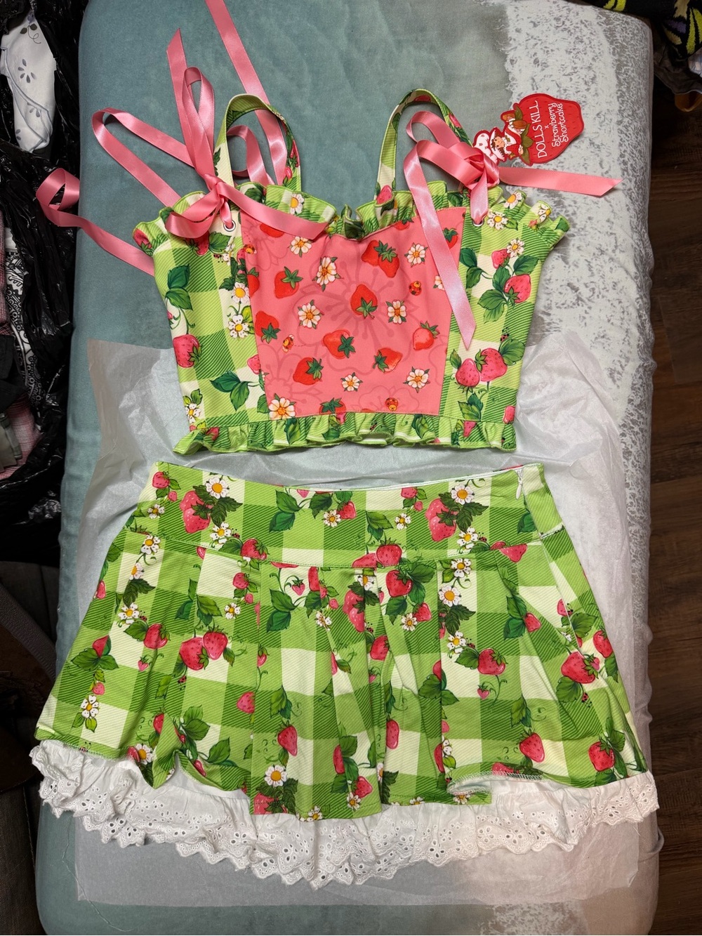 Dolls Kill Green Gingham Strawberry shortcake Two-Piece set